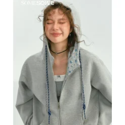 SomeSowe Contrast Color Drawstring Zip Up Hoodie Light Gray