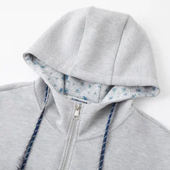 SomeSowe Contrast Color Drawstring Zip Up Hoodie Light Gray