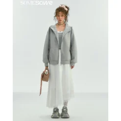 SomeSowe Contrast Color Drawstring Zip Up Hoodie Light Gray