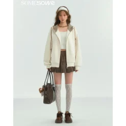 SomeSowe Contrast Color Drawstring Zip Up Hoodie Beige