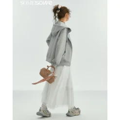 SomeSowe Contrast Color Drawstring Zip Up Hoodie Light Gray