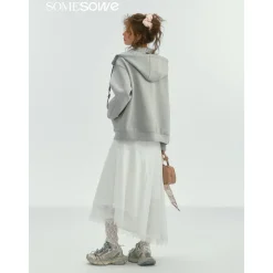 SomeSowe Contrast Color Drawstring Zip Up Hoodie Light Gray