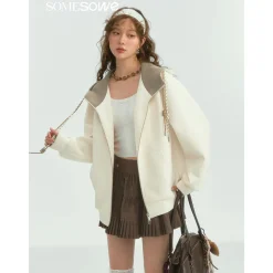 SomeSowe Contrast Color Drawstring Zip Up Hoodie Beige