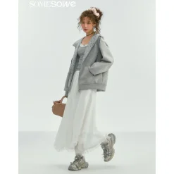 SomeSowe Contrast Color Drawstring Zip Up Hoodie Light Gray