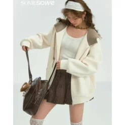 SomeSowe Contrast Color Drawstring Zip Up Hoodie Beige