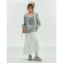 SomeSowe Contrast Color Drawstring Zip Up Hoodie Light Gray
