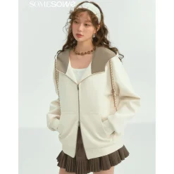 SomeSowe Contrast Color Drawstring Zip Up Hoodie Beige