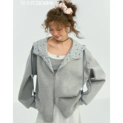SomeSowe Contrast Color Drawstring Zip Up Hoodie Light Gray