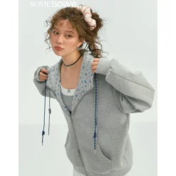 SomeSowe Contrast Color Drawstring Zip Up Hoodie Light Gray