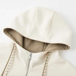 SomeSowe Contrast Color Drawstring Zip Up Hoodie Beige