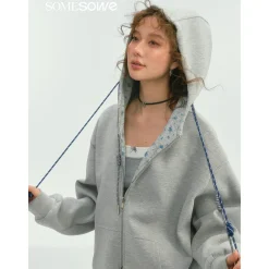 SomeSowe Contrast Color Drawstring Zip Up Hoodie Light Gray