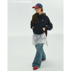 SomeSowe Contrast Color Floral Hoodie Navy Blue