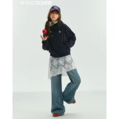 SomeSowe Contrast Color Floral Hoodie Navy Blue