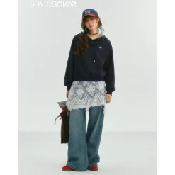SomeSowe Contrast Color Floral Hoodie Navy Blue