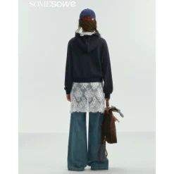 SomeSowe Contrast Color Floral Hoodie Navy Blue
