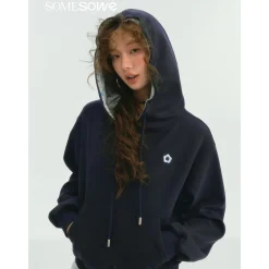 SomeSowe Contrast Color Floral Hoodie Navy Blue