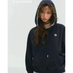 SomeSowe Contrast Color Floral Hoodie Navy Blue