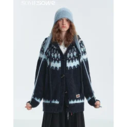 SomeSowe Fair Isle Hooded Knit Cardigan Navy Blue