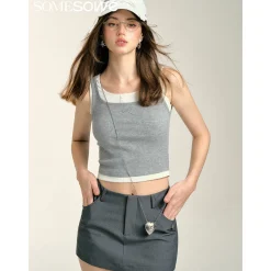 SomeSowe Fake-2-Piece Bow Embroidered Vest Gray