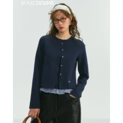 SomeSowe Fake-2-Piece Ruffled Round-Neck Top Navy Blue