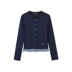 SomeSowe Fake-2-Piece Ruffled Round-Neck Top Navy Blue