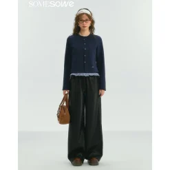 SomeSowe Fake-2-Piece Ruffled Round-Neck Top Navy Blue
