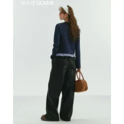 SomeSowe Fake-2-Piece Ruffled Round-Neck Top Navy Blue