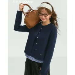 SomeSowe Fake-2-Piece Ruffled Round-Neck Top Navy Blue