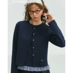 SomeSowe Fake-2-Piece Ruffled Round-Neck Top Navy Blue