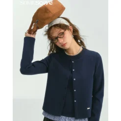 SomeSowe Fake-2-Piece Ruffled Round-Neck Top Navy Blue
