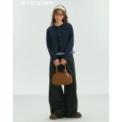 SomeSowe Fake-2-Piece Ruffled Round-Neck Top Navy Blue