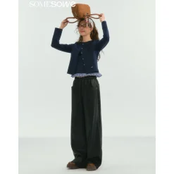 SomeSowe Fake-2-Piece Ruffled Round-Neck Top Navy Blue