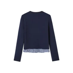 SomeSowe Fake-2-Piece Ruffled Round-Neck Top Navy Blue