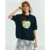 SomeSowe Green Apple Short Sleeve Knit Sweater Navy Blue