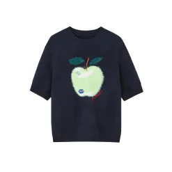 SomeSowe Green Apple Short Sleeve Knit Sweater Navy Blue