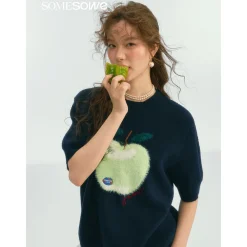 SomeSowe Green Apple Short Sleeve Knit Sweater Navy Blue