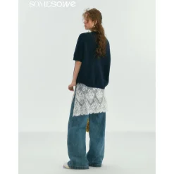 SomeSowe Green Apple Short Sleeve Knit Sweater Navy Blue