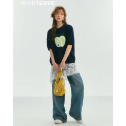 SomeSowe Green Apple Short Sleeve Knit Sweater Navy Blue