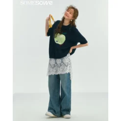 SomeSowe Green Apple Short Sleeve Knit Sweater Navy Blue