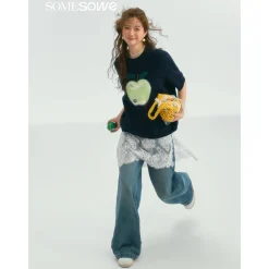 SomeSowe Green Apple Short Sleeve Knit Sweater Navy Blue