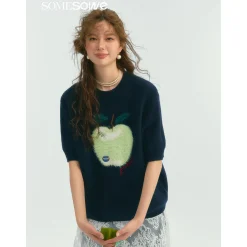 SomeSowe Green Apple Short Sleeve Knit Sweater Navy Blue