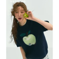 SomeSowe Green Apple Short Sleeve Knit Sweater Navy Blue