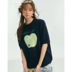 SomeSowe Green Apple Short Sleeve Knit Sweater Navy Blue