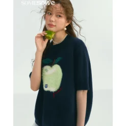 SomeSowe Green Apple Short Sleeve Knit Sweater Navy Blue