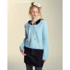 SomeSowe Hollow Out Hooded Knit Sweater Light Blue
