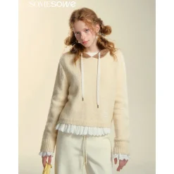 SomeSowe Hollow Out Hooded Knit Sweater Beige
