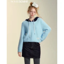 SomeSowe Hollow Out Hooded Knit Sweater Light Blue