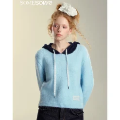 SomeSowe Hollow Out Hooded Knit Sweater Light Blue