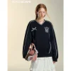SomeSowe Lace Badge V-Neck Sweatshirt Navy Blue
