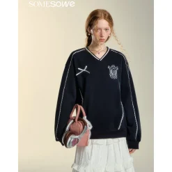 SomeSowe Lace Badge V-Neck Sweatshirt Navy Blue